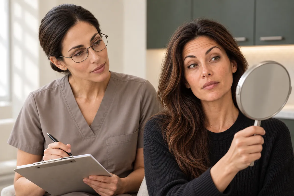 Dr. Maya talks with a patient, who looks at herself in a hand mirror